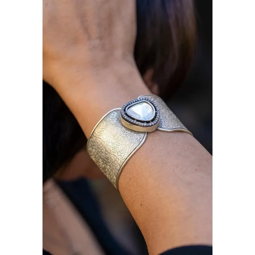 Women's Silver Kundan Crystal Wide Statement Handmade Sterling Cuff Bracelet
